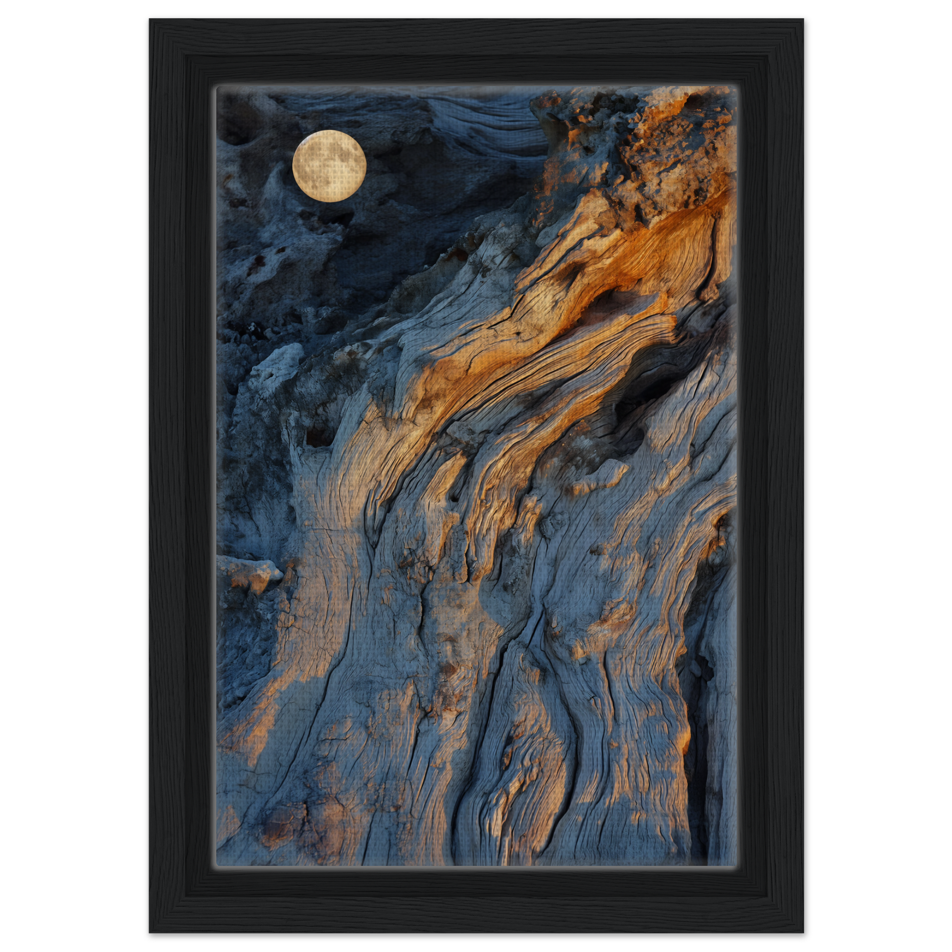 Abstract painting with blue and orange patterns featuring a full moon, Lunar Chiaroscuro Harmony