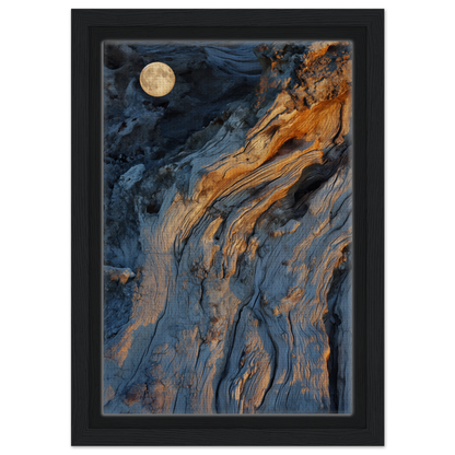 Abstract painting with blue and orange patterns featuring a full moon, Lunar Chiaroscuro Harmony