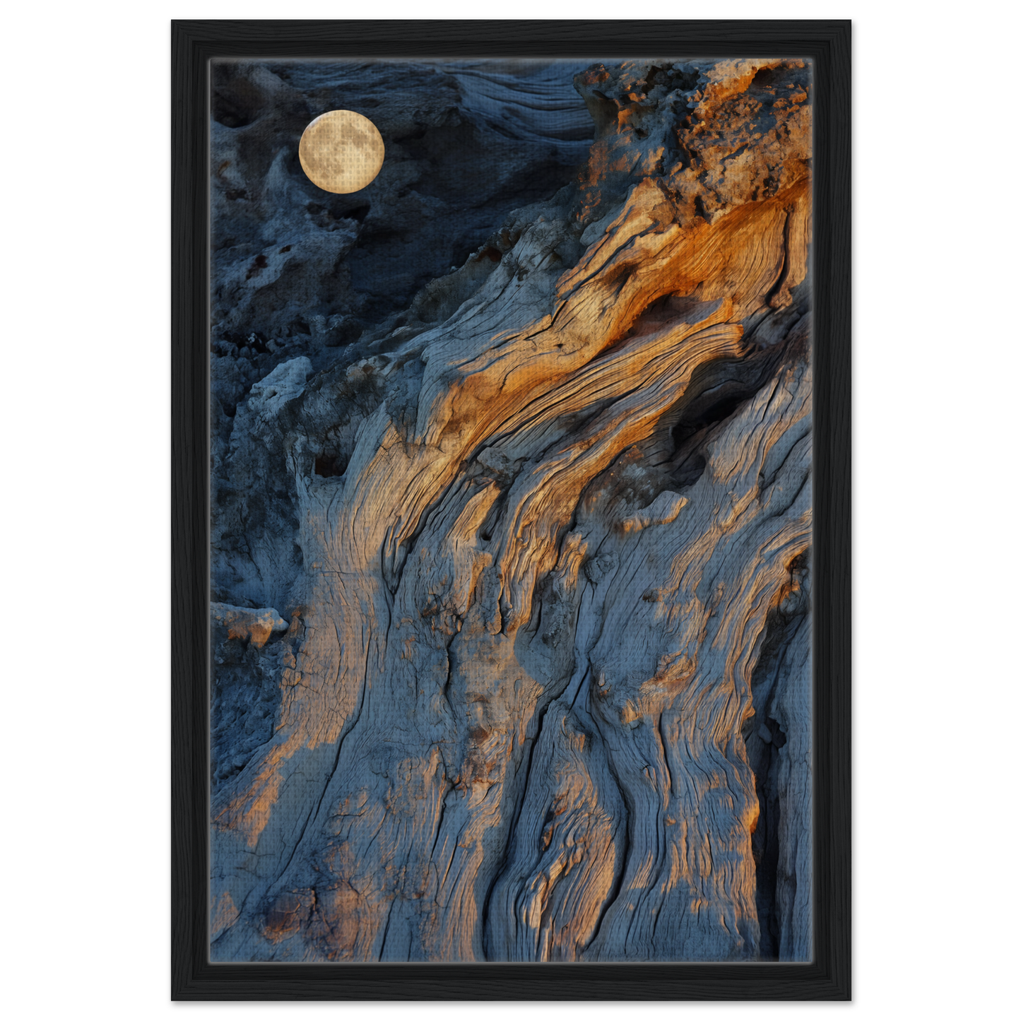 Abstract painting of swirling blue and orange patterns with full moon, Lunar Chiaroscuro Harmony