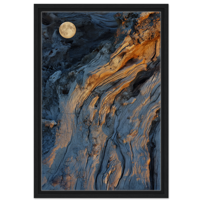 Abstract painting of swirling blue and orange patterns with full moon, Lunar Chiaroscuro Harmony