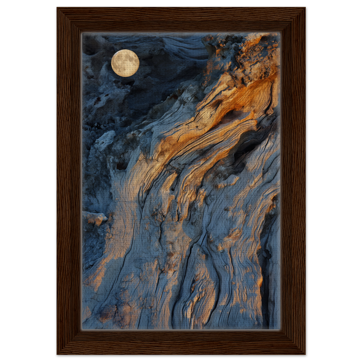 Abstract painting with blue and orange patterns and a full moon, Lunar Chiaroscuro Harmony