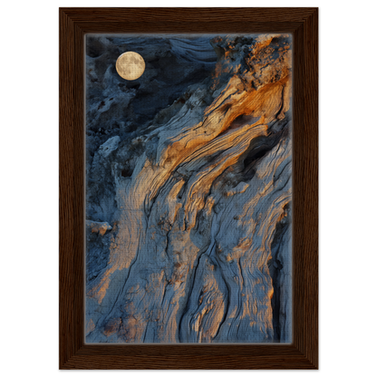 Abstract painting with blue and orange patterns and a full moon, Lunar Chiaroscuro Harmony