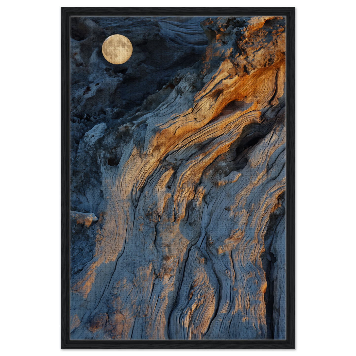 Abstract painting of blue and orange patterns under a full moon, Lunar Chiaroscuro Harmony