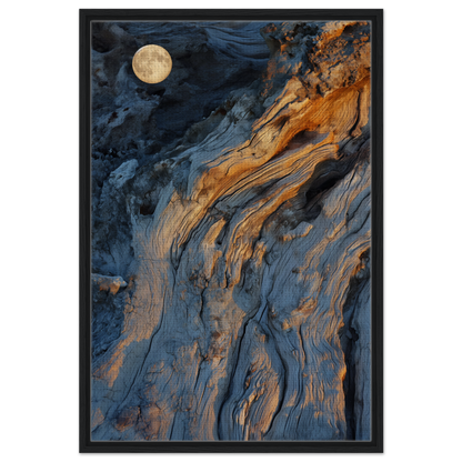 Abstract painting of blue and orange patterns under a full moon, Lunar Chiaroscuro Harmony