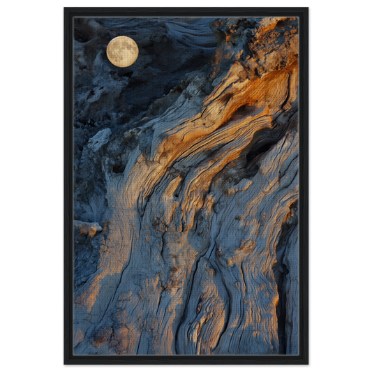 Abstract painting of blue and orange patterns under a full moon, Lunar Chiaroscuro Harmony