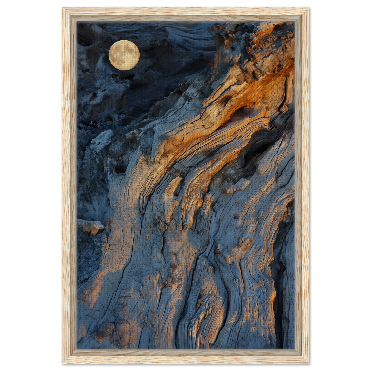 Abstract painting of swirling blue and orange patterns in Lunar Chiaroscuro Harmony