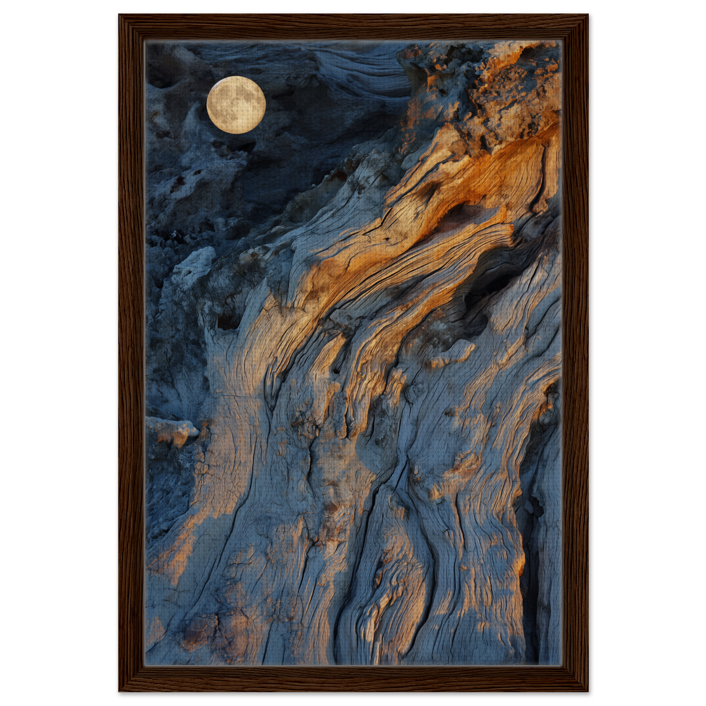 Abstract painting of swirling blue and orange textures in Lunar Chiaroscuro Harmony