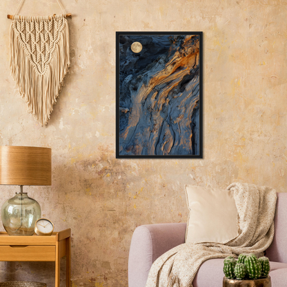 Abstract painting of swirling blue and gold hues with moon, Lunar Chiaroscuro Harmony