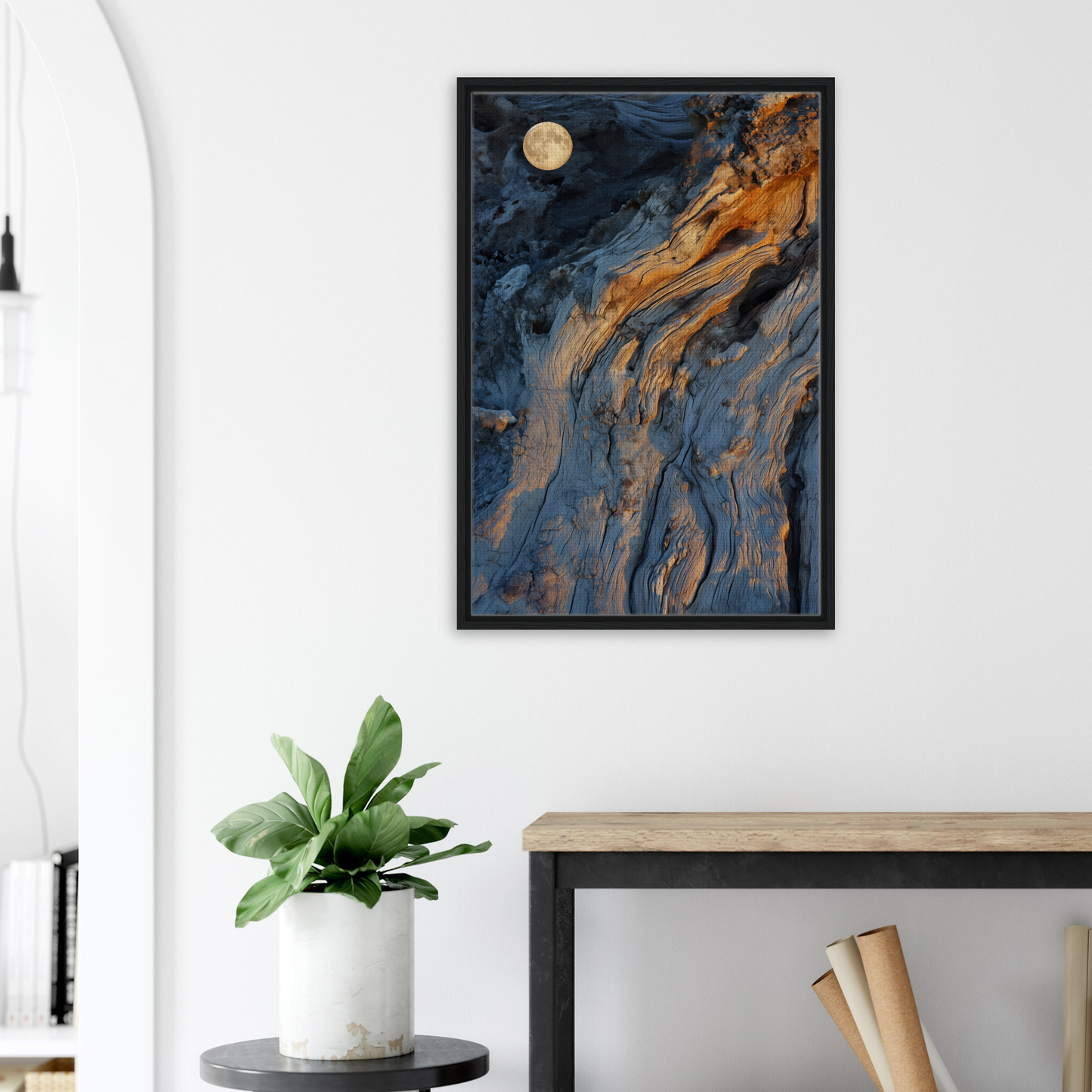 Abstract painting of swirling blue and gold with a full moon for Lunar Chiaroscuro Harmony