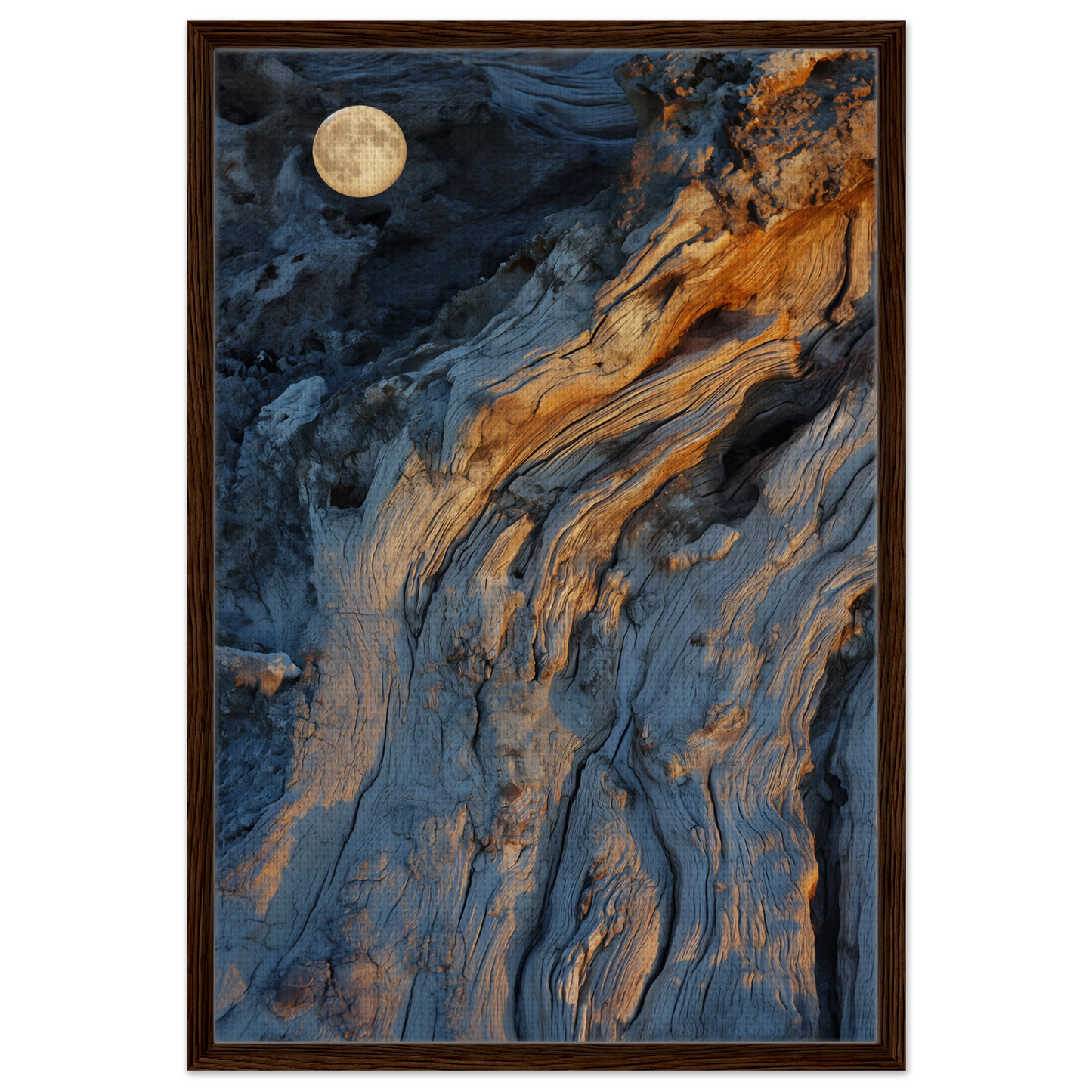 Abstract painting in blue and orange evoking Lunar Chiaroscuro Harmony in a framed canvas print