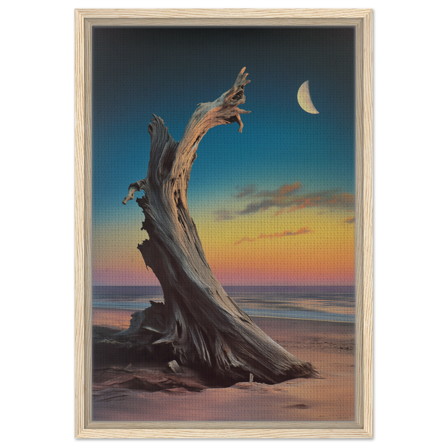 Twisted driftwood stump at sunset showcasing Lunar Driftwood Serenity framed canvas print