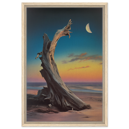 Twisted driftwood stump at sunset showcasing Lunar Driftwood Serenity framed canvas print