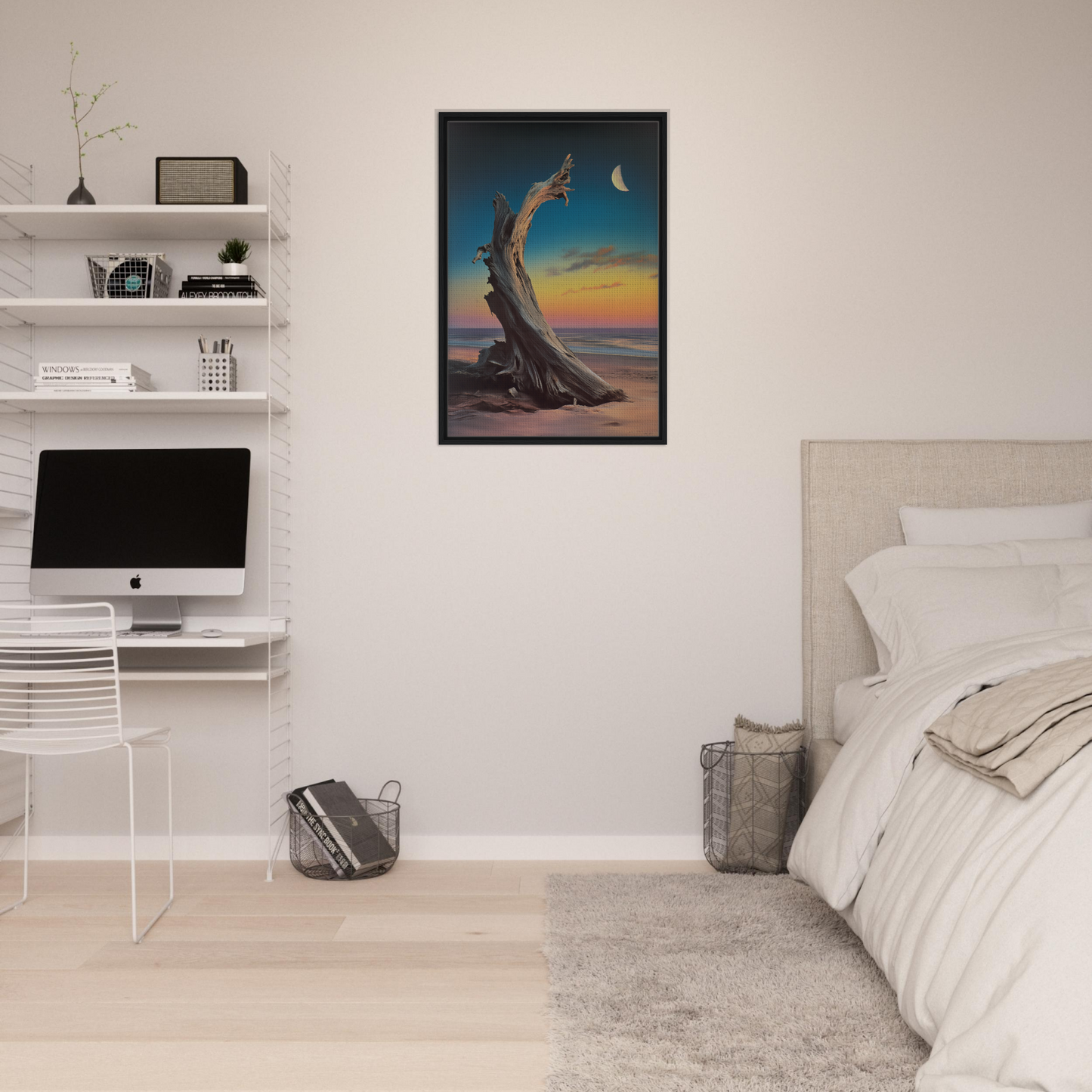 Framed surrealist painting of a twisted tree at sunset for Lunar Driftwood Serenity room decor