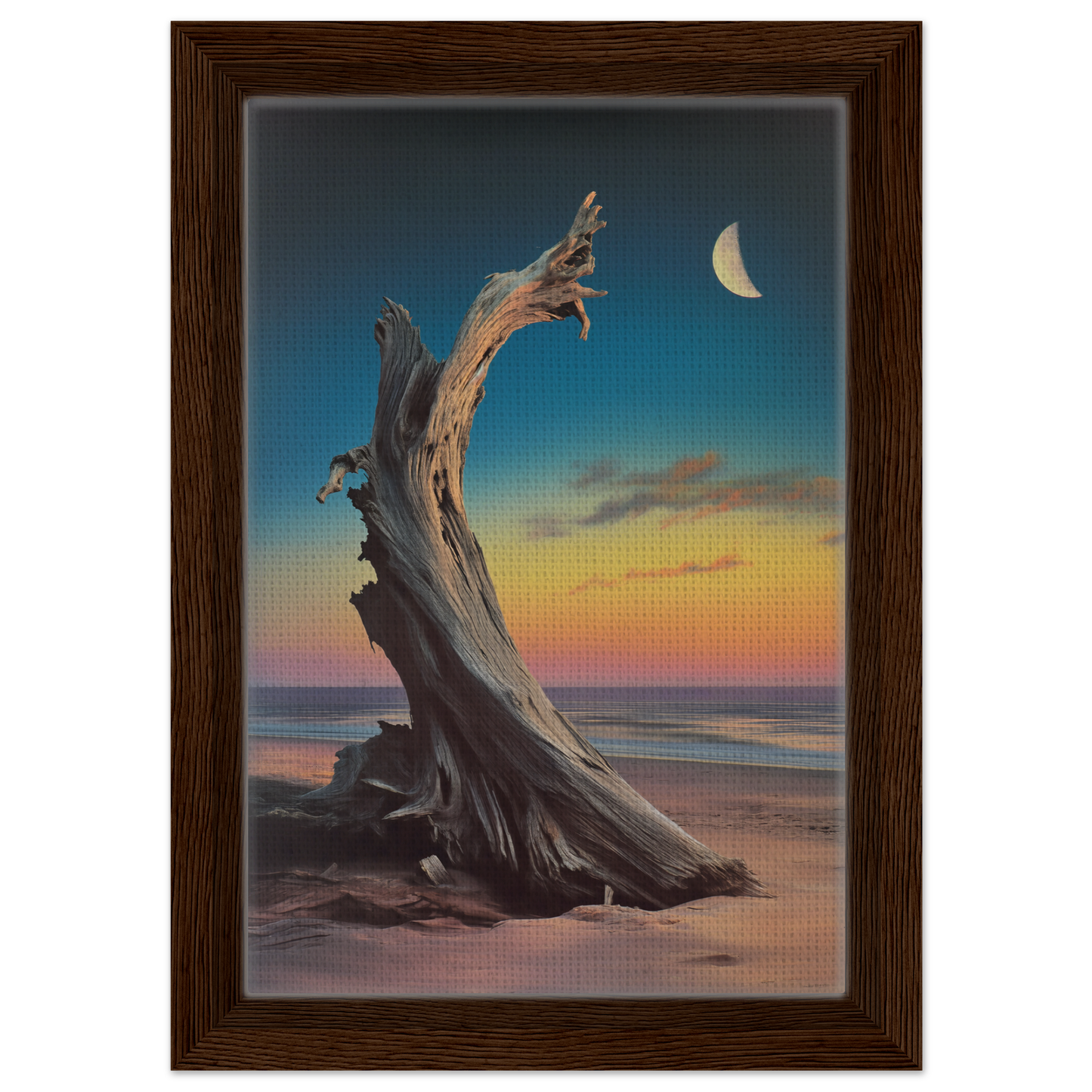 Twisted, weathered driftwood at sunset for Lunar Driftwood Serenity framed canvas print