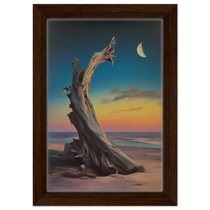 Twisted, weathered driftwood at sunset for Lunar Driftwood Serenity framed canvas print