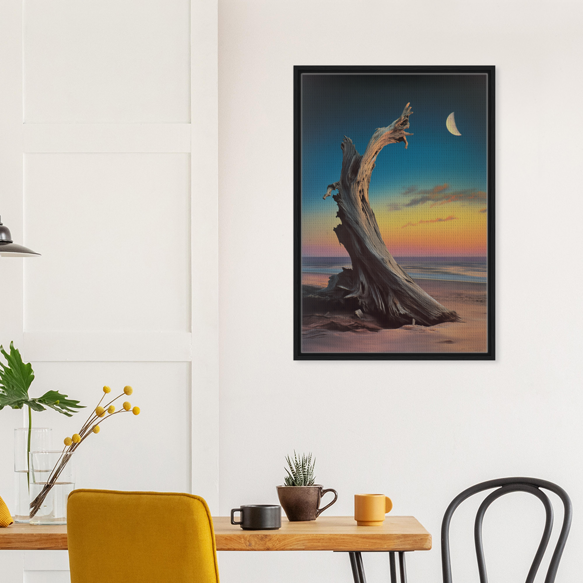 Framed painting of driftwood serenity at sunset with a crescent moon for room decor