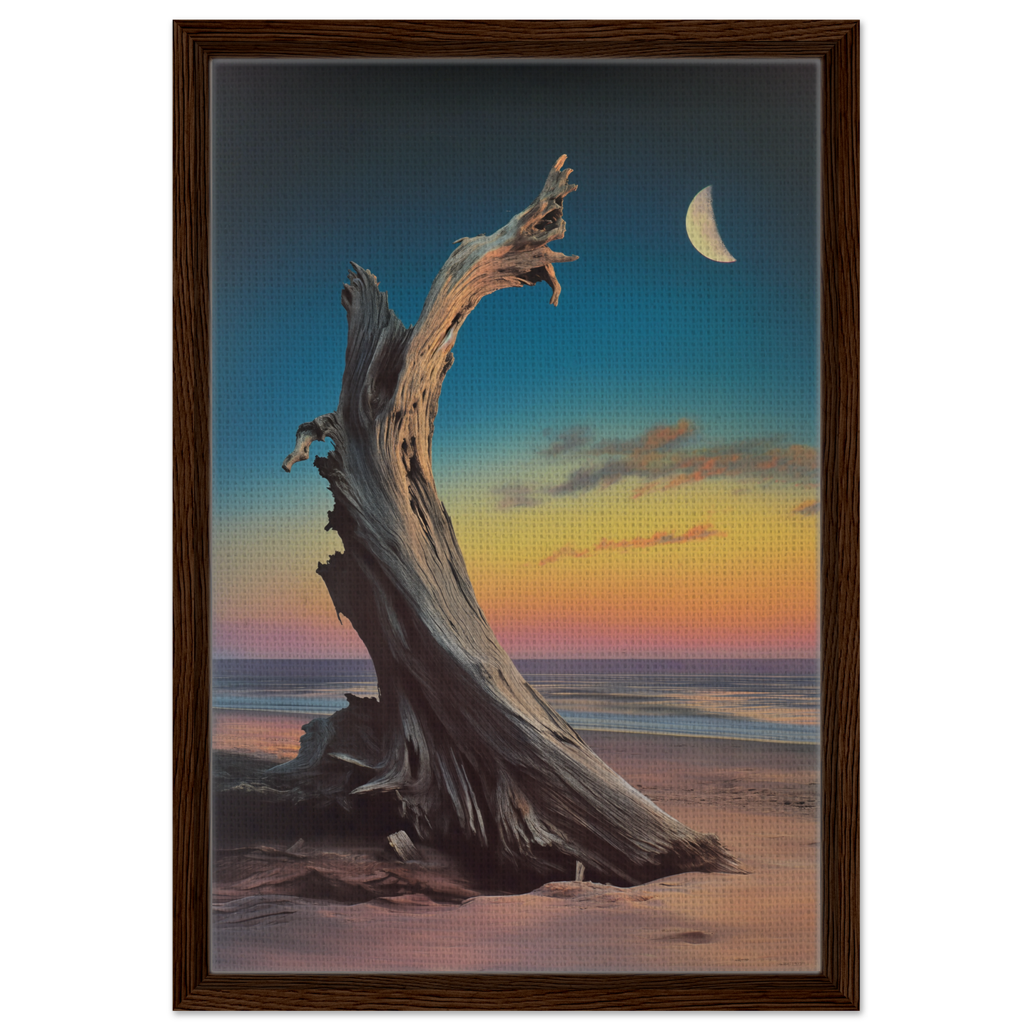 Twisted driftwood tree trunk at sunset, embodying Lunar Driftwood Serenity in room decor