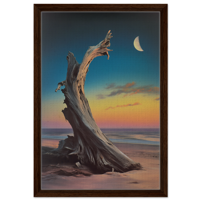 Twisted driftwood tree trunk at sunset, embodying Lunar Driftwood Serenity in room decor