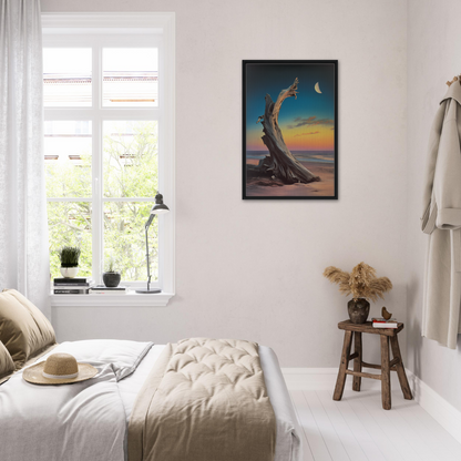 Bedroom featuring Lunar Driftwood Serenity artwork and calming room decor with white walls