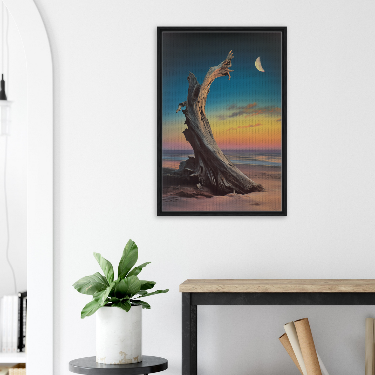 Framed canvas print of a driftwood tree at sunset in Lunar Driftwood Serenity