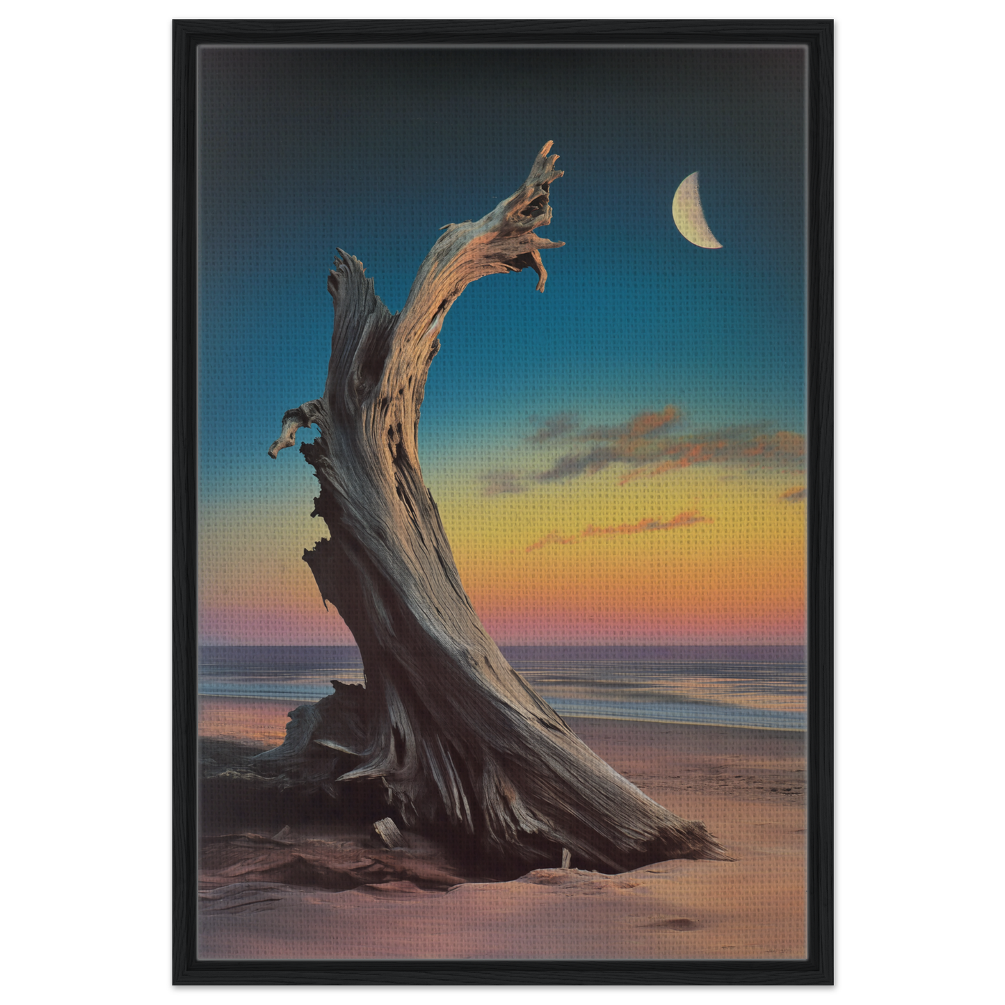 Twisted, weathered driftwood on a beach at sunset in Lunar Driftwood Serenity canvas print