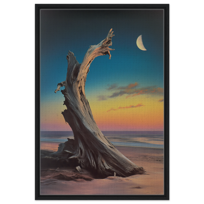 Twisted, weathered driftwood on a beach at sunset in Lunar Driftwood Serenity canvas print