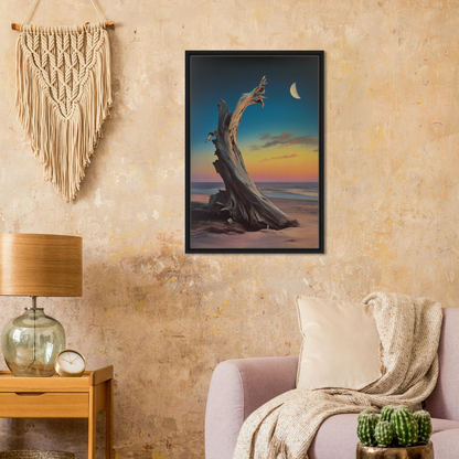 Framed canvas print of Lunar Driftwood Serenity at sunset with crescent moon