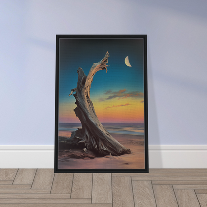 Framed canvas print of gnarled driftwood tree at sunset, embodying Lunar Driftwood Serenity