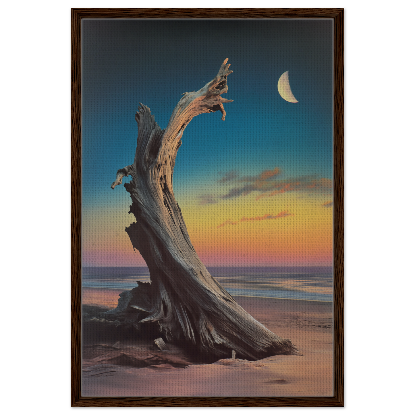 Twisted weathered driftwood on a beach at sunset for Lunar Driftwood Serenity room decor