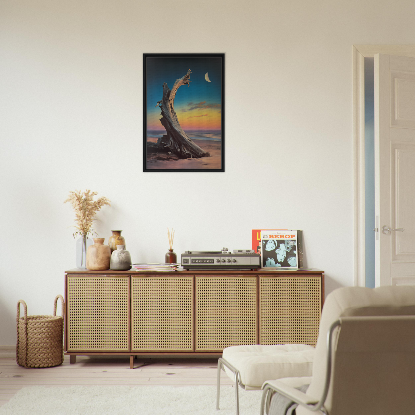 Wooden sideboard with cane-webbed doors and decor, embodying Lunar Driftwood Serenity