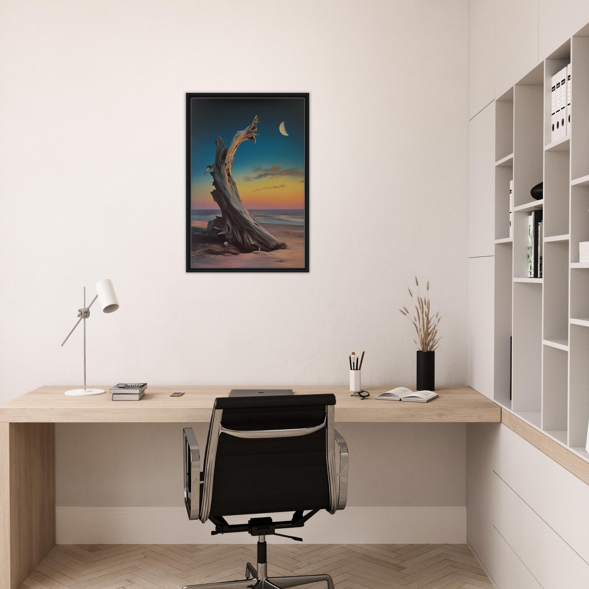 Minimalist home office workspace featuring Lunar Driftwood Serenity room decor