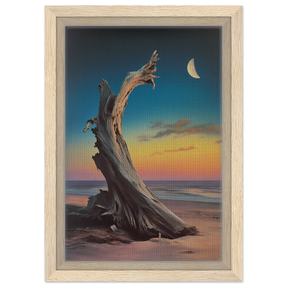 Twisted driftwood tree trunk on beach at sunset in Lunar Driftwood Serenity art print