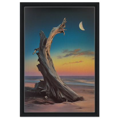 Twisted driftwood on a beach at sunset, highlighting Lunar Driftwood Serenity room decor