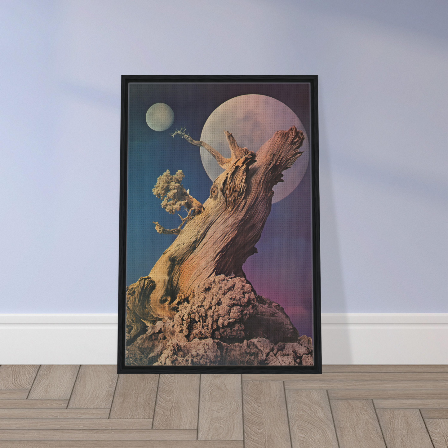 Framed canvas print of Lunar Tree Epiphany with a surreal winged figure and celestial bodies