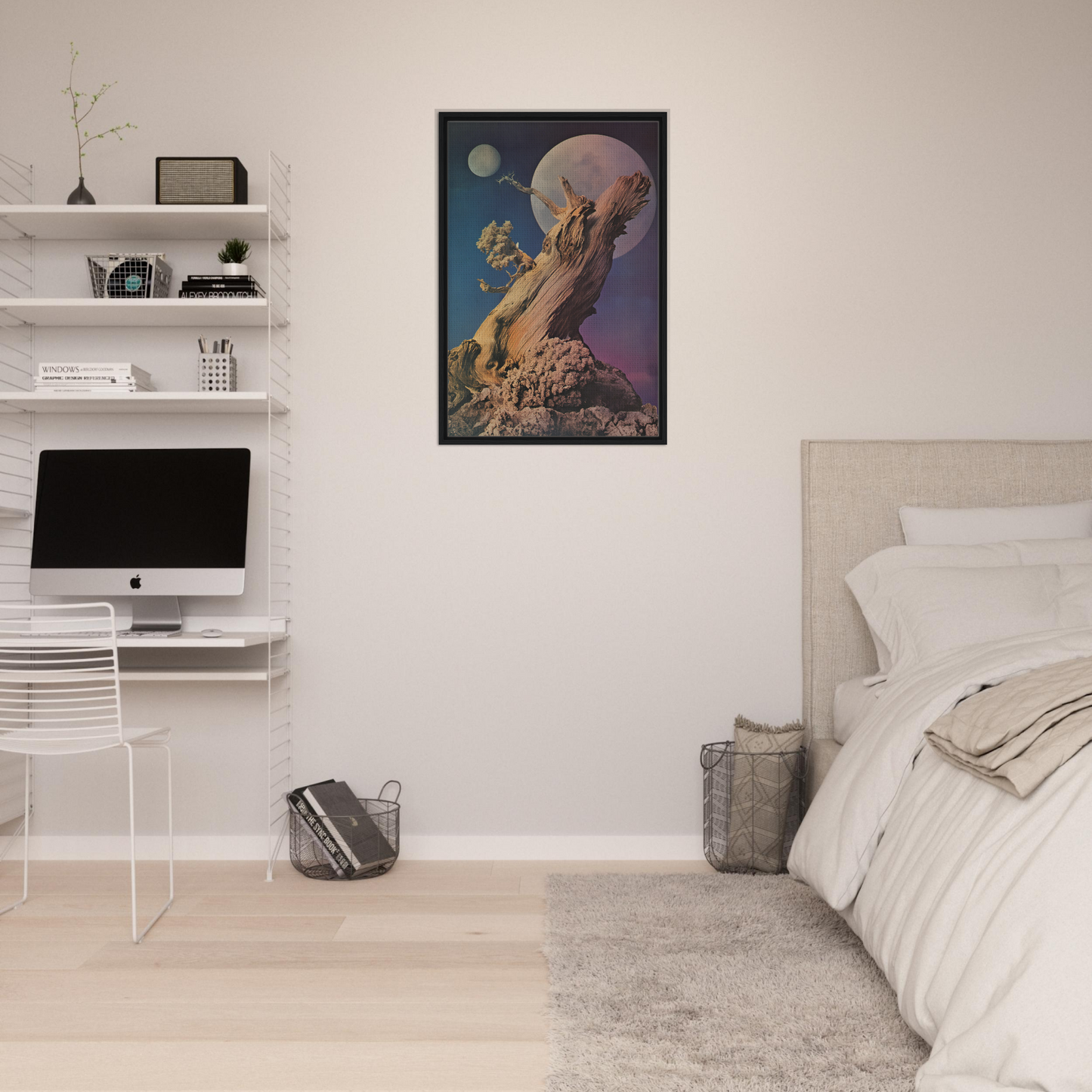 Framed surrealist artwork of a mountainous scene for Lunar Tree Epiphany room decor