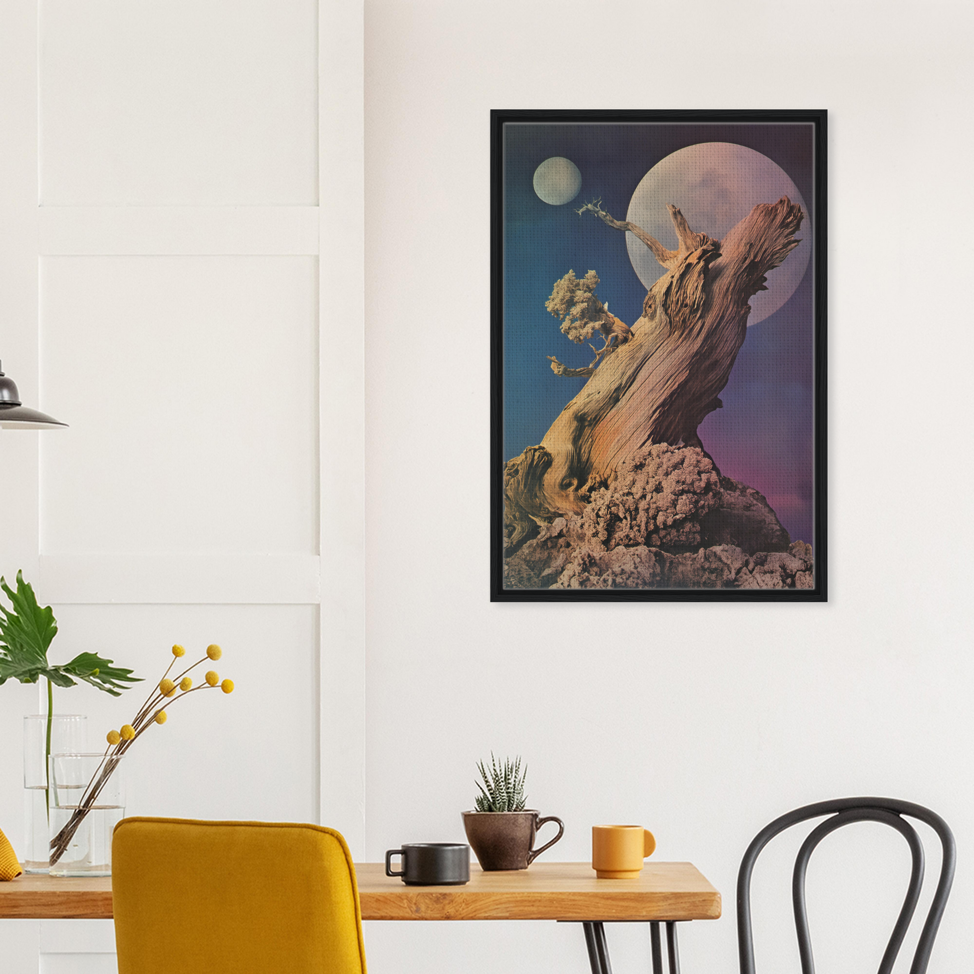 Framed surrealist artwork of a rocky landscape with planets for Lunar Tree Epiphany room decor