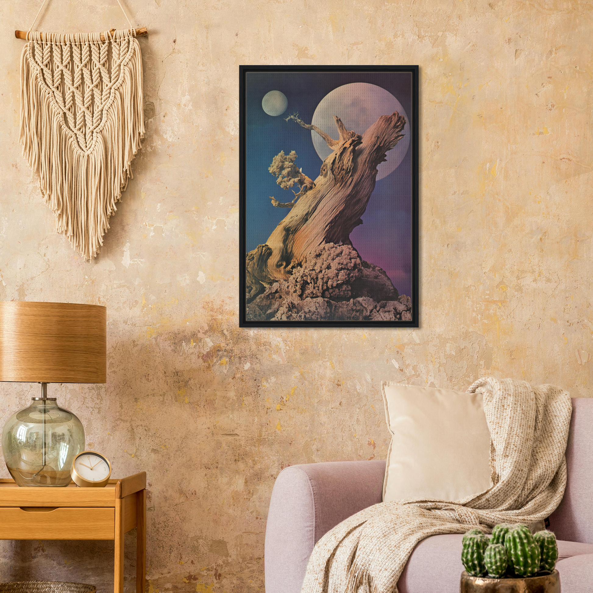 Framed surrealist artwork of Lunar Tree Epiphany for elegant room decor