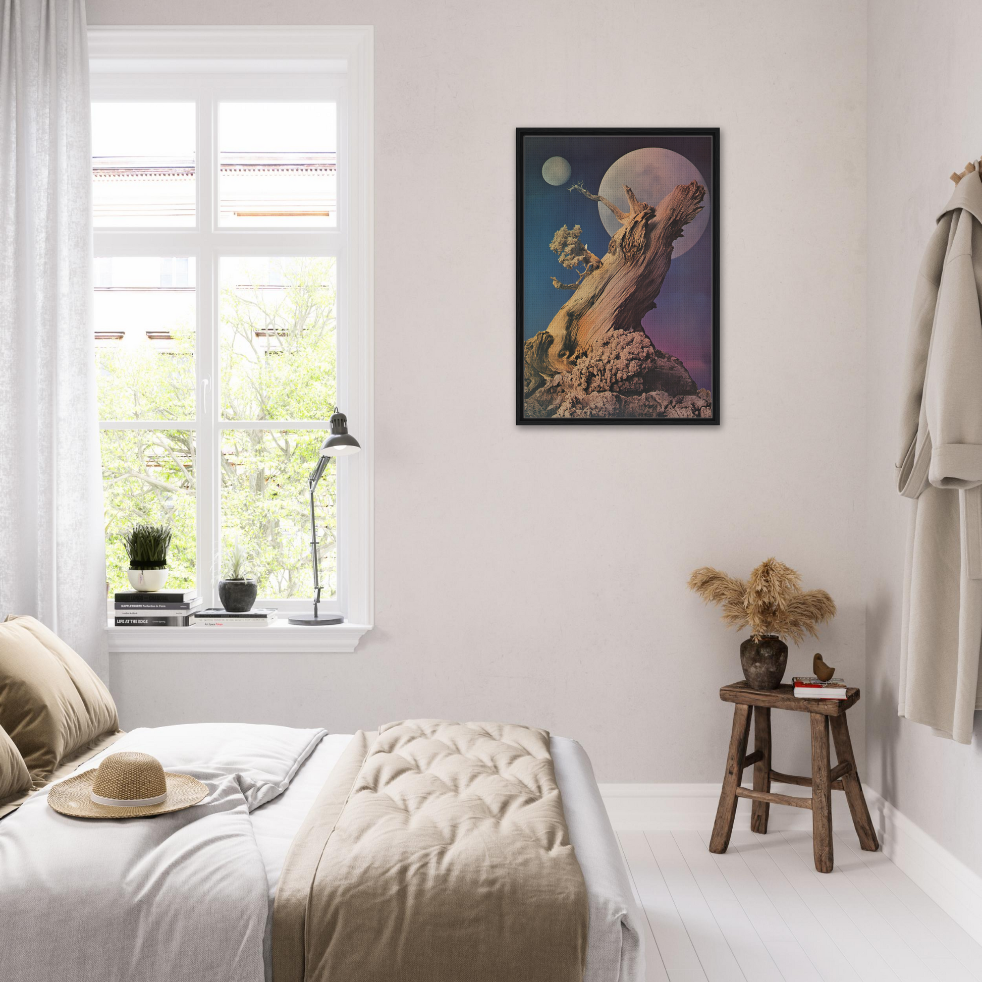 Serene bedroom featuring Lunar Tree Epiphany surrealist artwork as room decor focal point