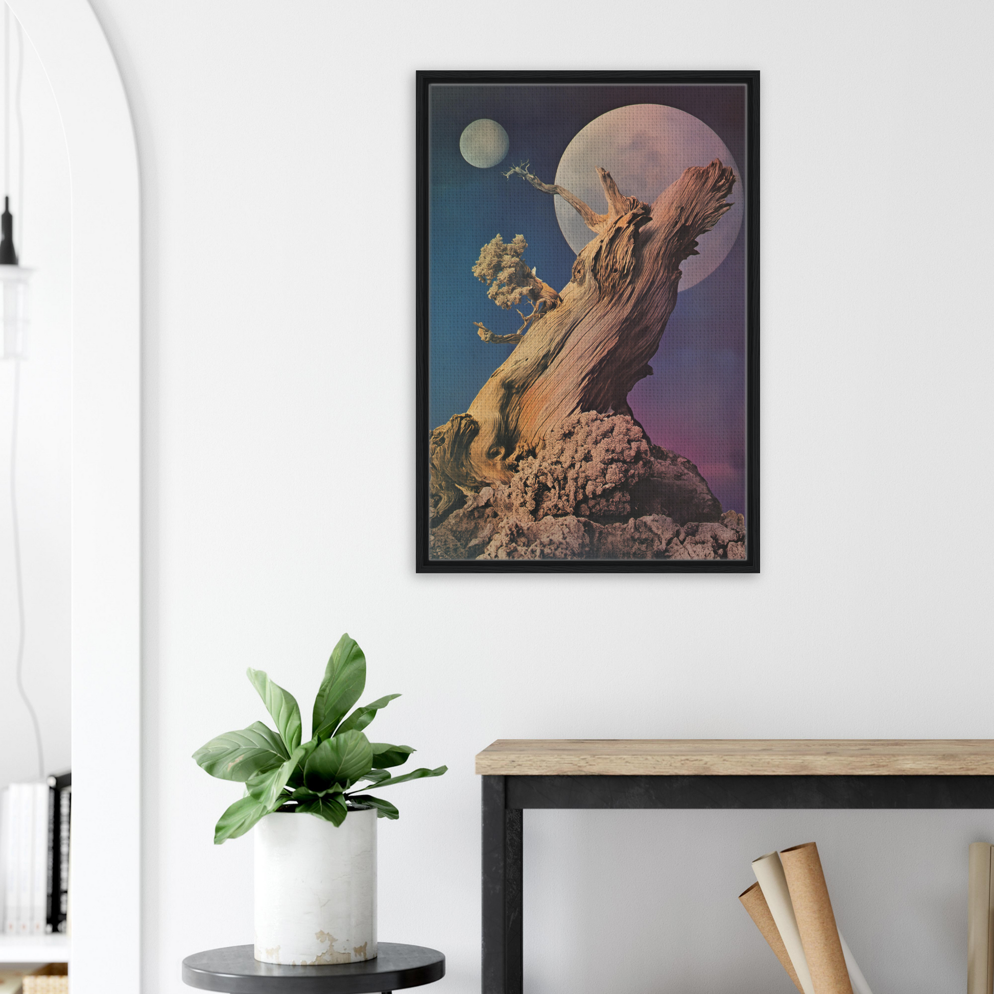 Framed artwork of a wolf howling under surreal moons, perfect for Lunar Tree Epiphany room decor