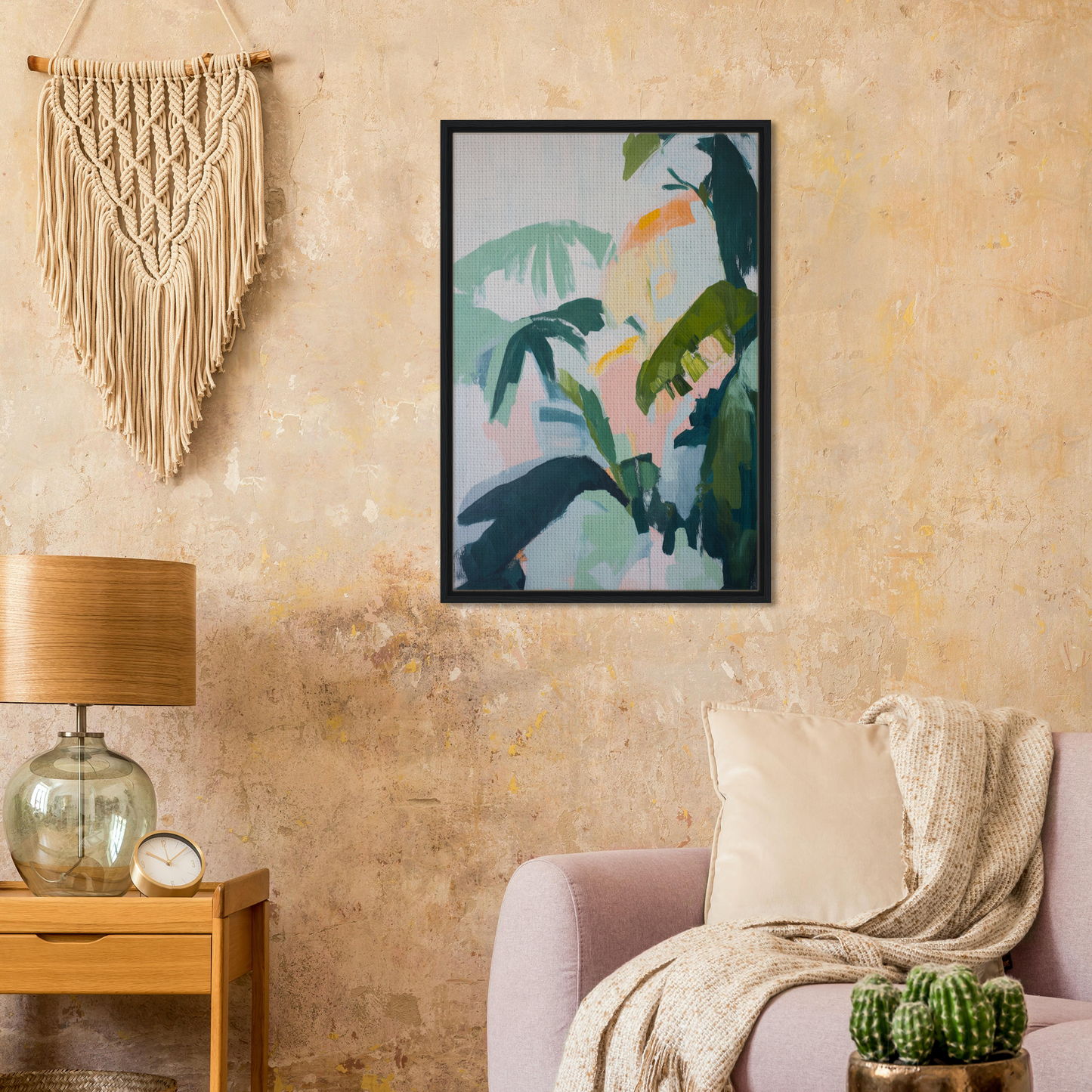 Framed Lush Celtic Whisper artwork featuring tropical palm leaves for stylish room decor