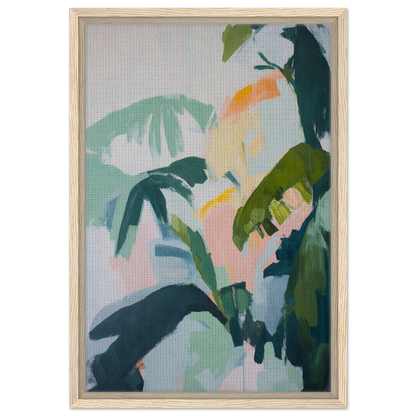 Abstract painting depicting tropical foliage in muted colors, Lush Celtic Whisper framed canvas print