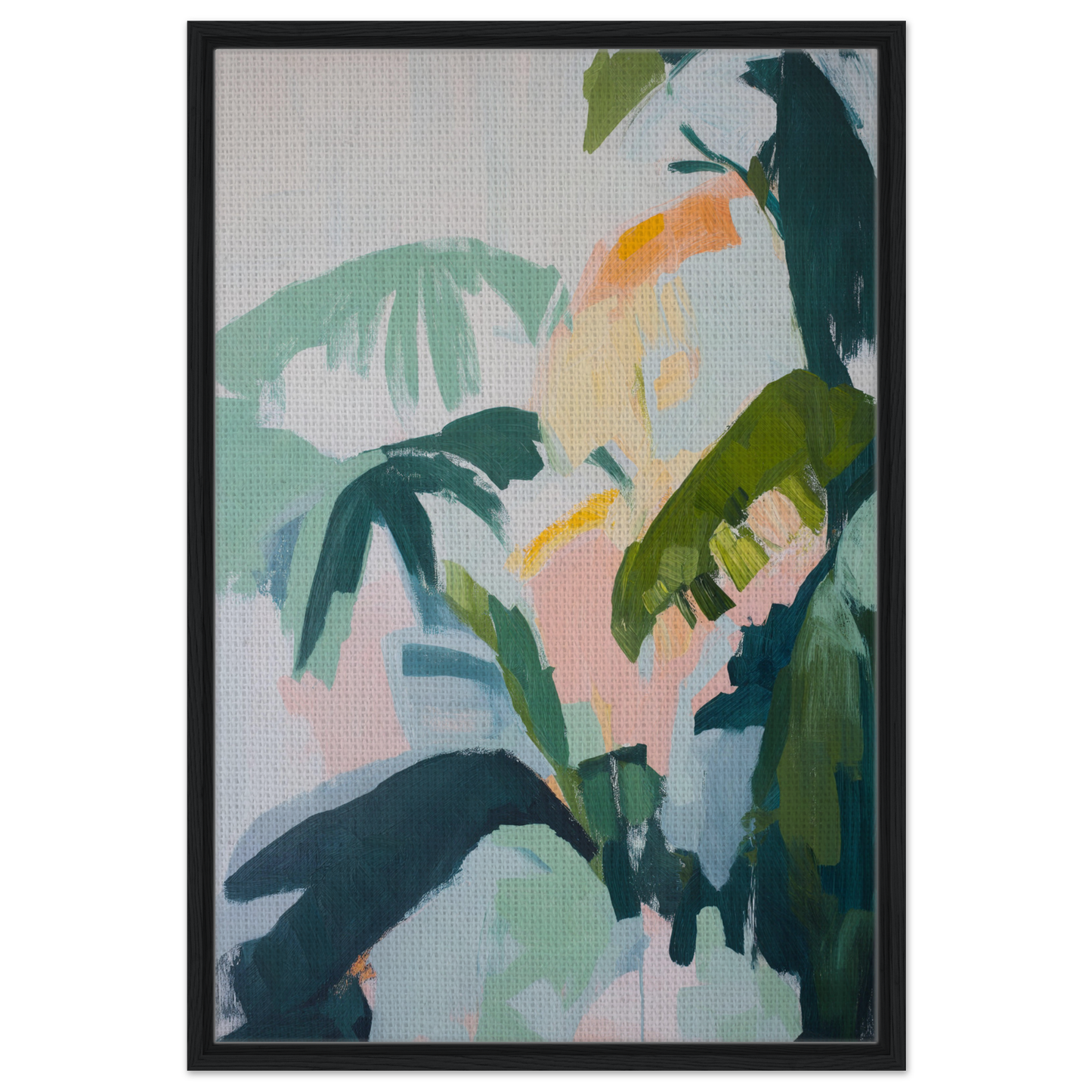 Abstract painting of tropical foliage in greens, blues, and peaches, Lush Celtic Whisper framed canvas print