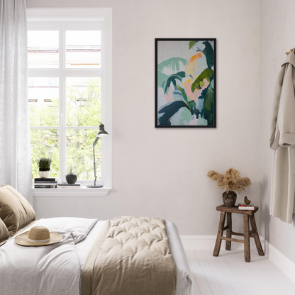 Bright, airy bedroom featuring Lush Celtic Whisper framed canvas print and minimalist decor