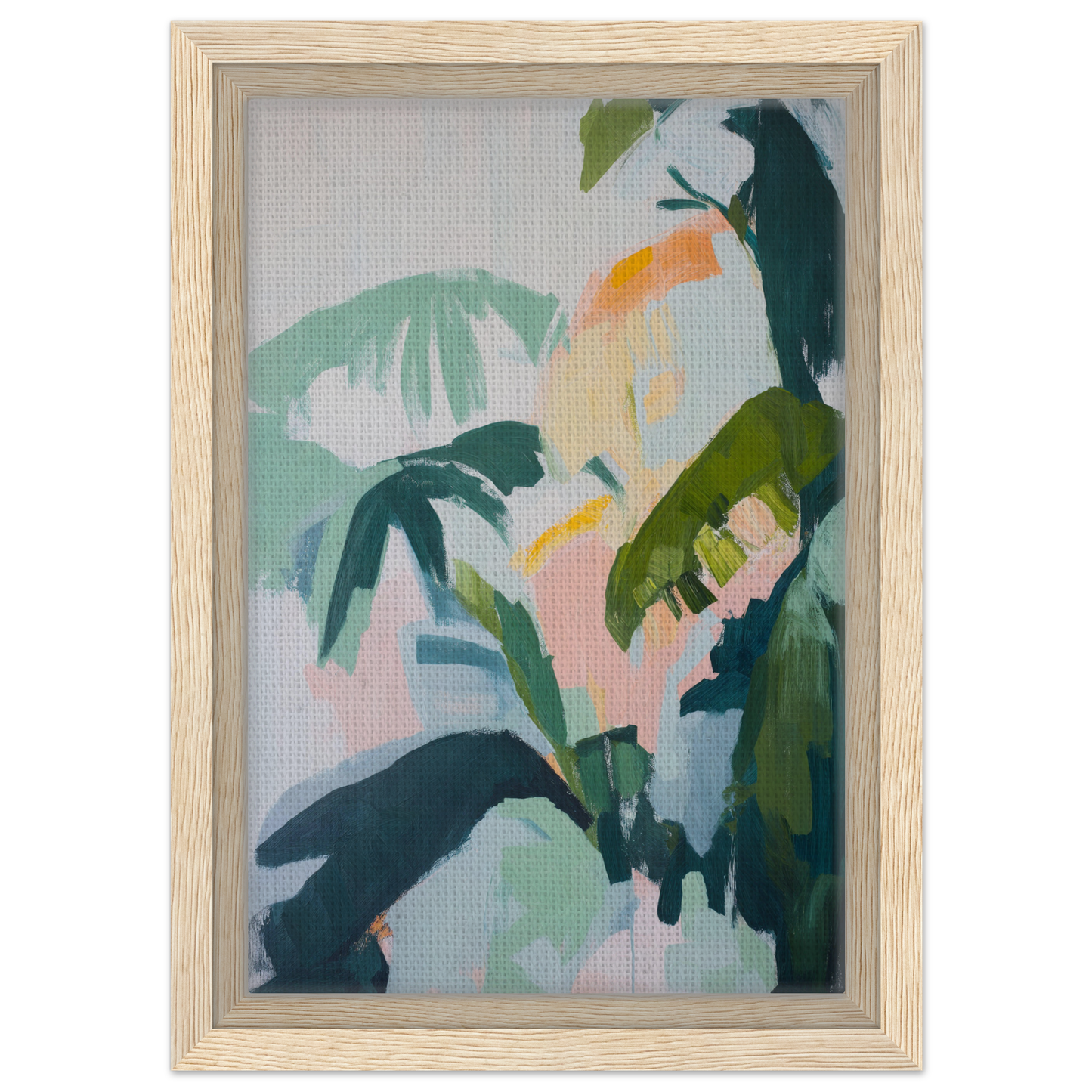 Abstract painting of tropical foliage in muted pastels, Lush Celtic Whisper framed canvas print