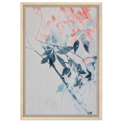 Framed watercolor painting of branches with blue-green leaves and pink blossoms for Lyrical Autumn Veil room decor