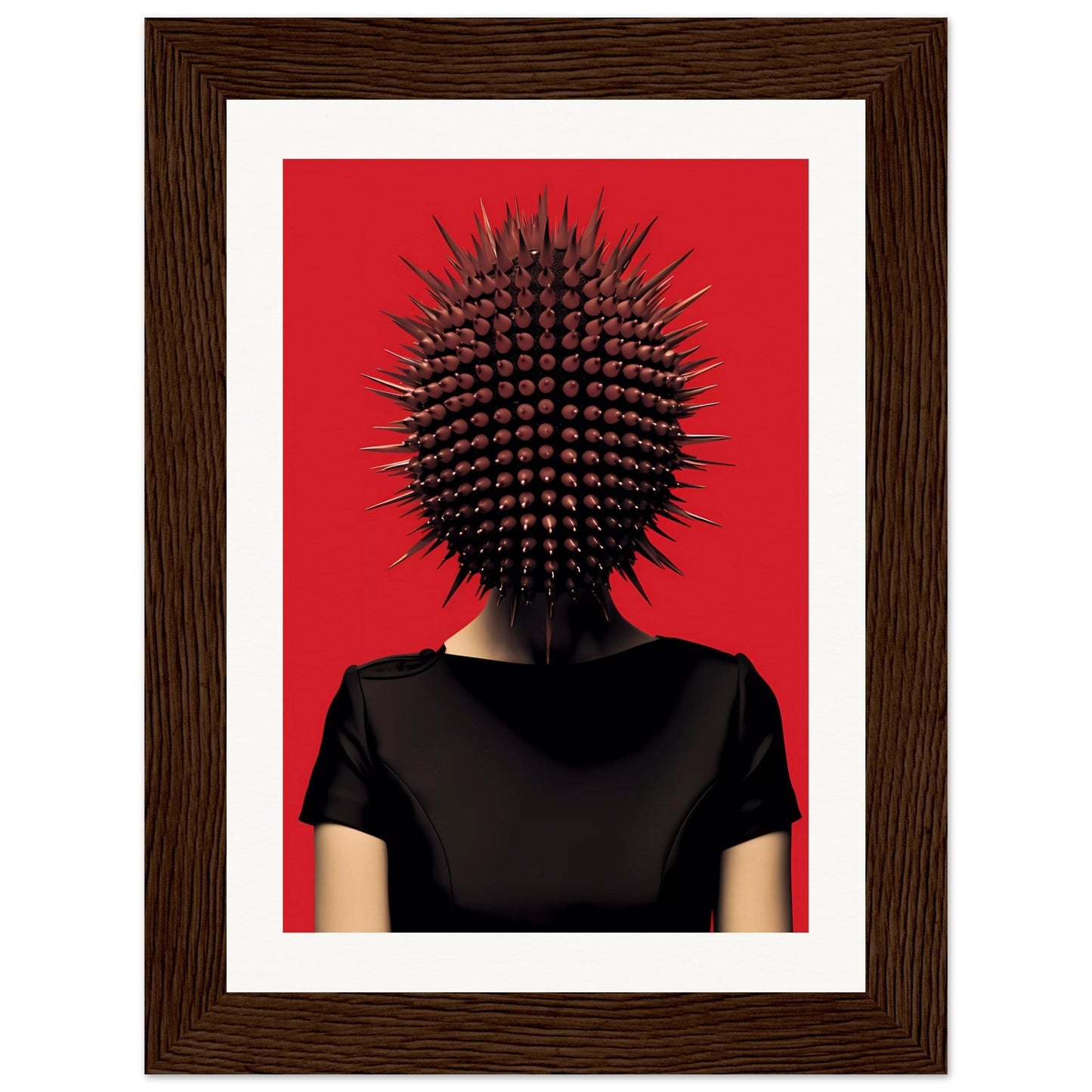 Spiky, spherical object resembling a sea urchin positioned atop a black-clothed torso against a red background.