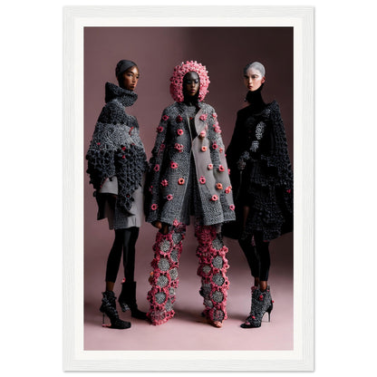 Three models wearing avant-garde haute couture outfits featuring textured coats and floral embellishments.