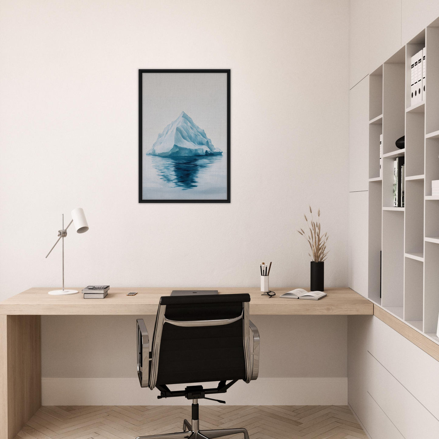 Minimalist home office featuring a wooden desk, chair, and Majestic Frozen Reverie framed canvas art