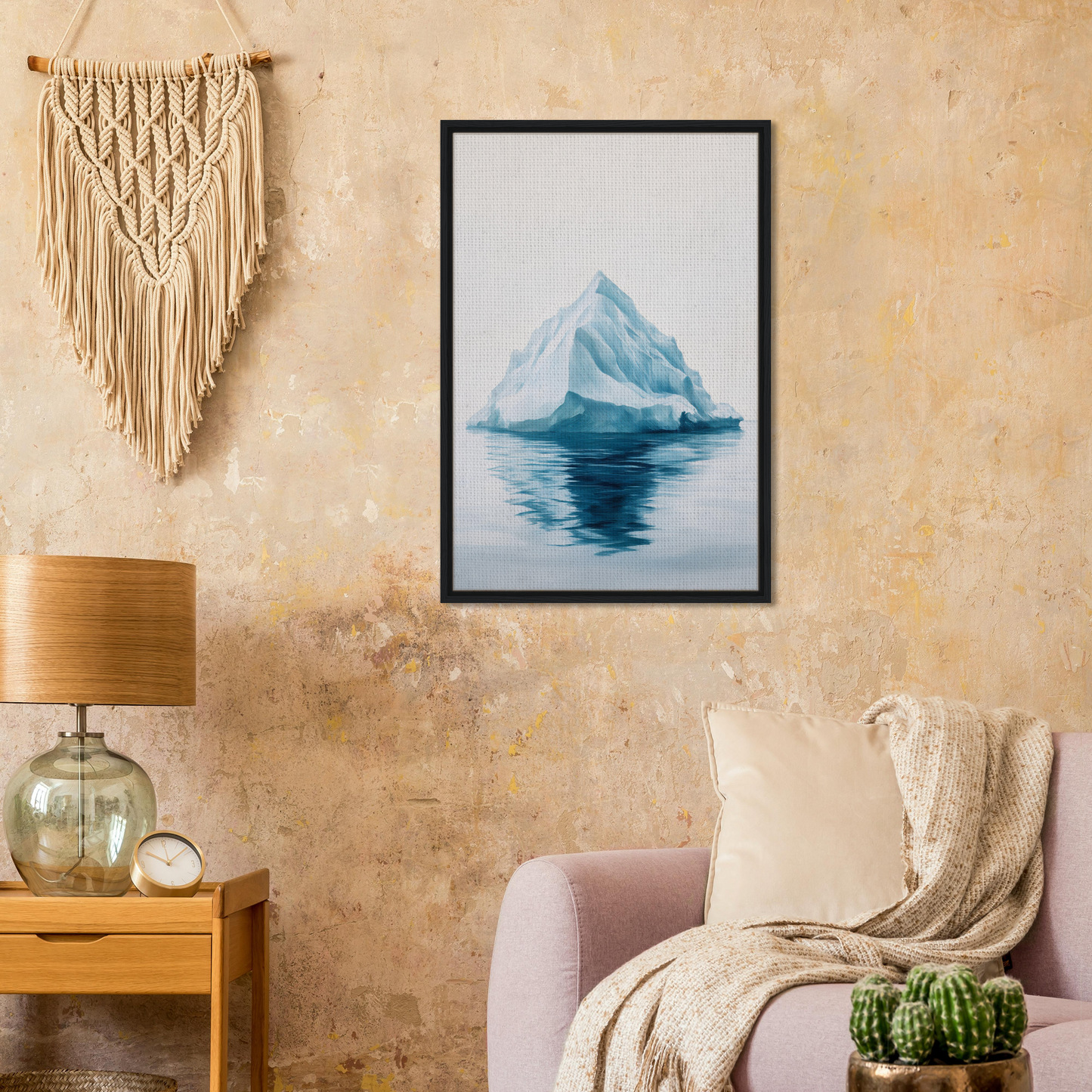 Framed canvas art titled Majestic Frozen Reverie featuring an iceberg reflection in water