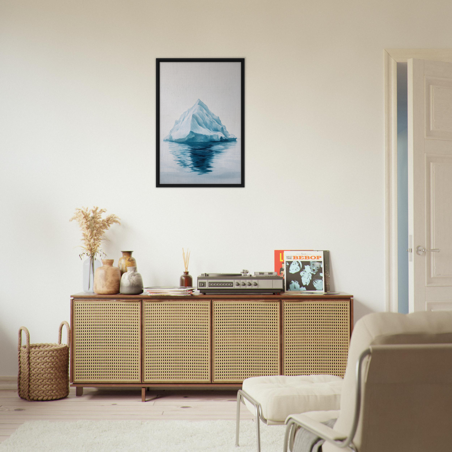 Wooden sideboard with rattan-style doors and decorative items in Majestic Frozen Reverie